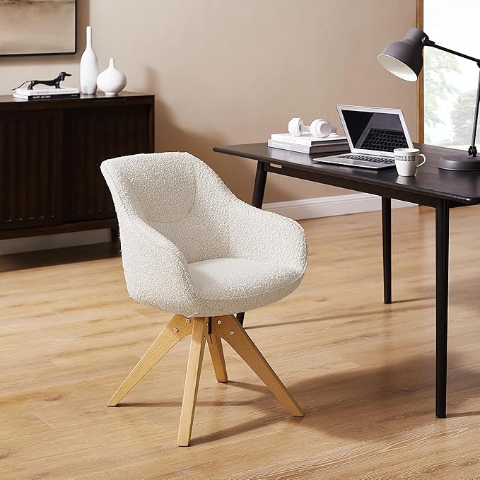 Art Leon Dining Chair - Mid Century Modern Boucle Fabric Swivel Dining Room Chair with Natural Oak Wood Legs, Leisure Side Chair with Arms for Living Room, White
