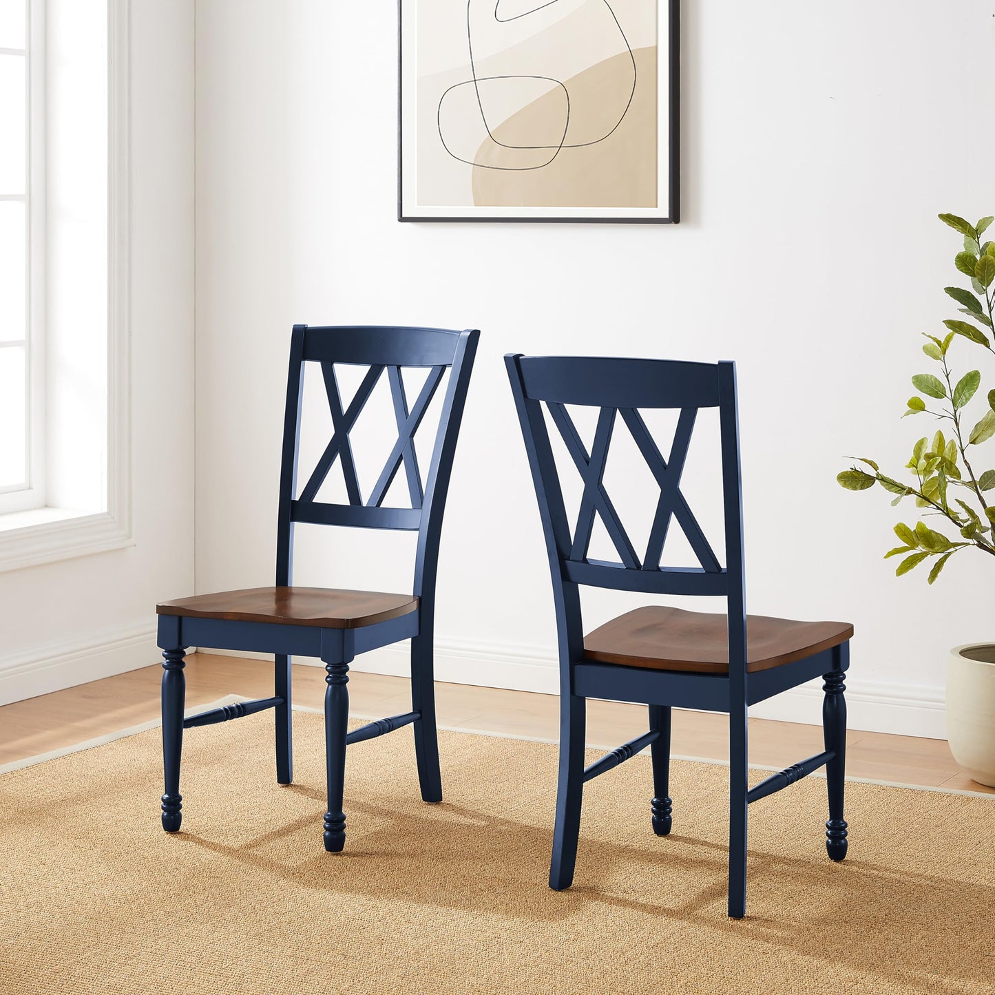 Crosley Furniture Shelby Traditional Wood X-Back Dining Room Chairs Set of 2, Kitchen Chair, Navy