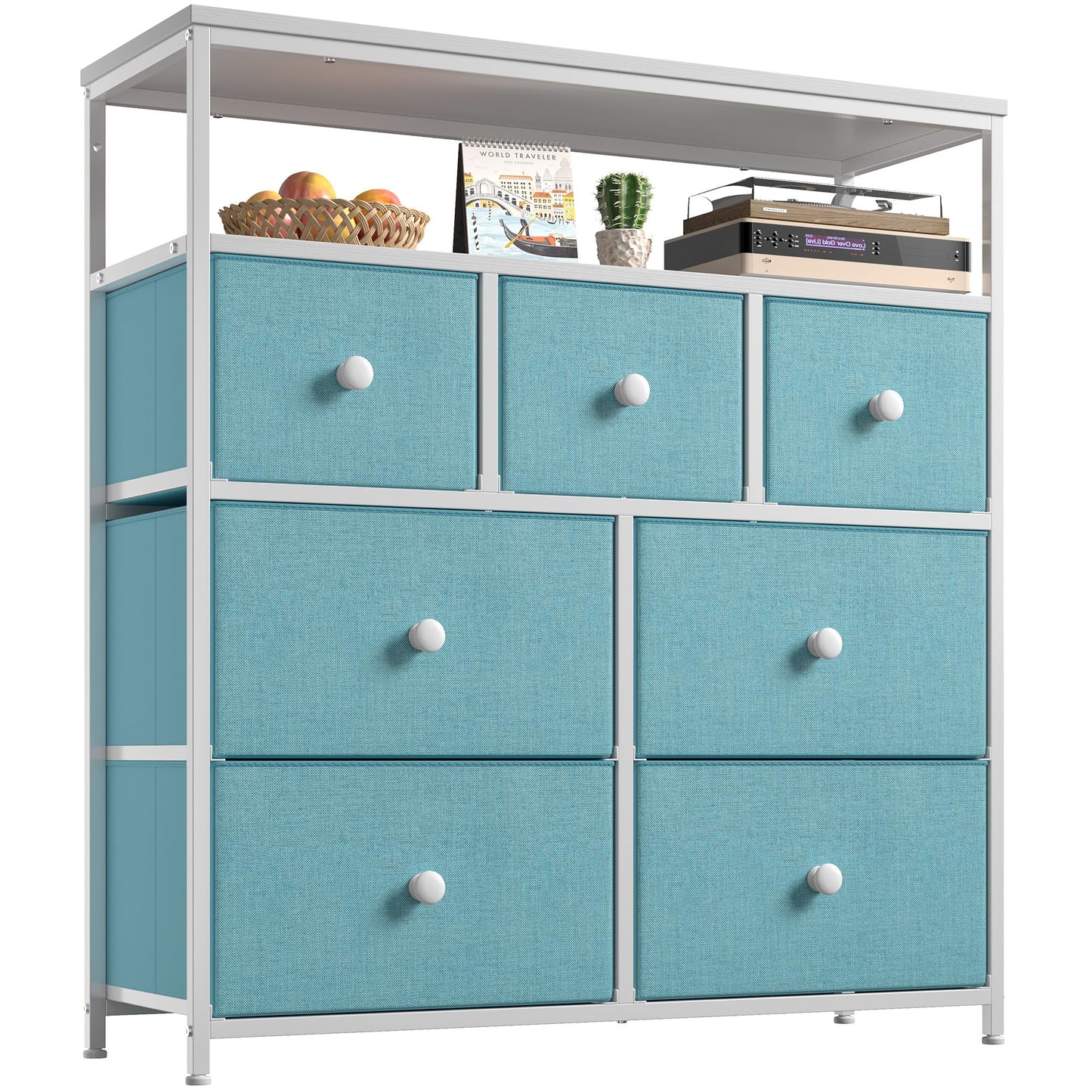 Dresser for Bedroom with 7 Drawers, Purple Dressers & Chests of Drawers, Dresser for Clothes Storage with Wooden Top and Metal Frame, Entertainment Center, Green