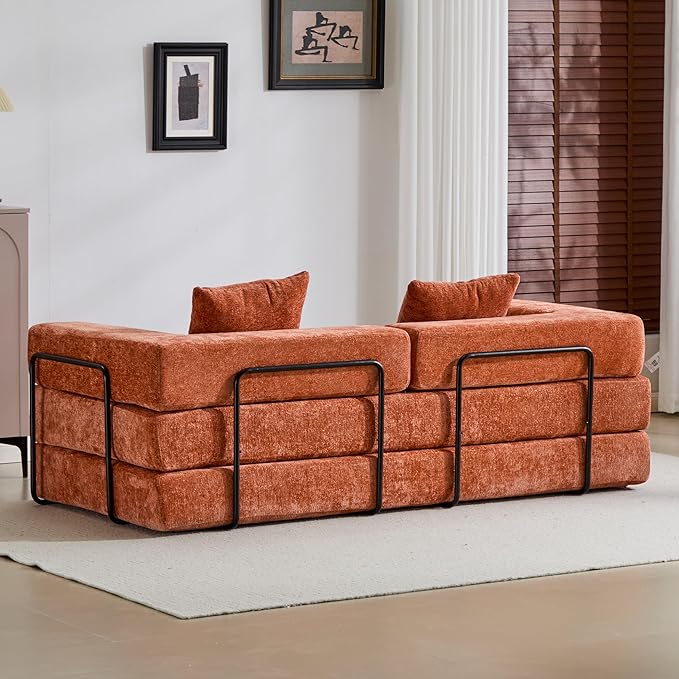 Convertible Couch Sofa Bed Foldable Floor Sleeper | Modern Fold Out Couch | Removable Backrest & Armrests | No Assembly Compression Sofa Sleeper for Living Room, Bedroom | Orange Chenille