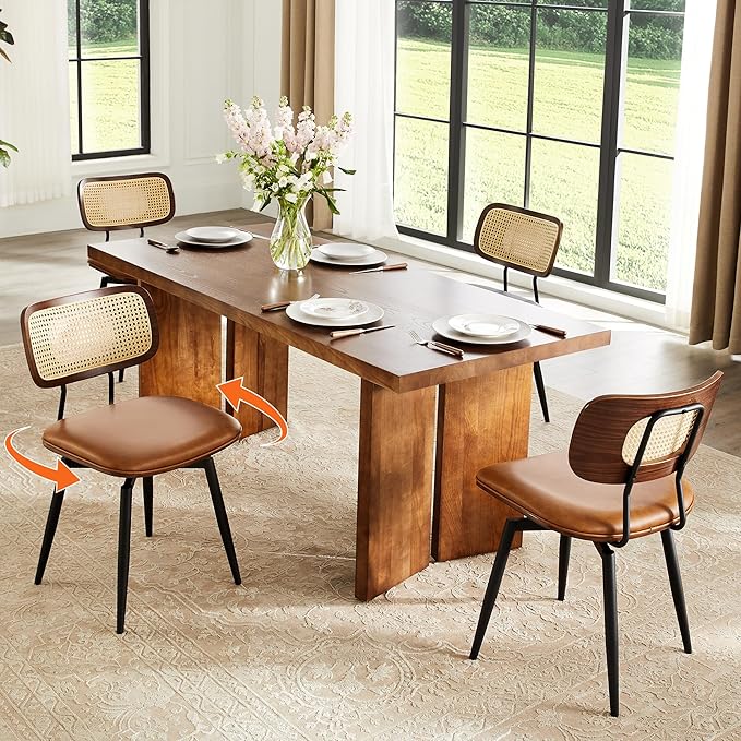 Quenvo Swivel Dining Chairs with Rattan Back, Modern Brown Leather Dining Chairs Set of 4, Swivel Dining Room Chairs Kitchen Side Chairs with Metal Legs and Upholstered Seat for Kitchen & Restaurant