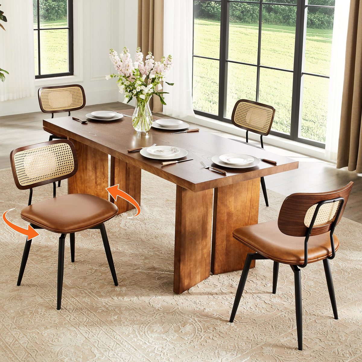 Quenvo Swivel Dining Chairs with Rattan Back, Modern Brown Leather Dining Chairs Set of 4, Swivel Dining Room Chairs Kitchen Side Chairs with Metal Legs and Upholstered Seat for Kitchen & Restaurant