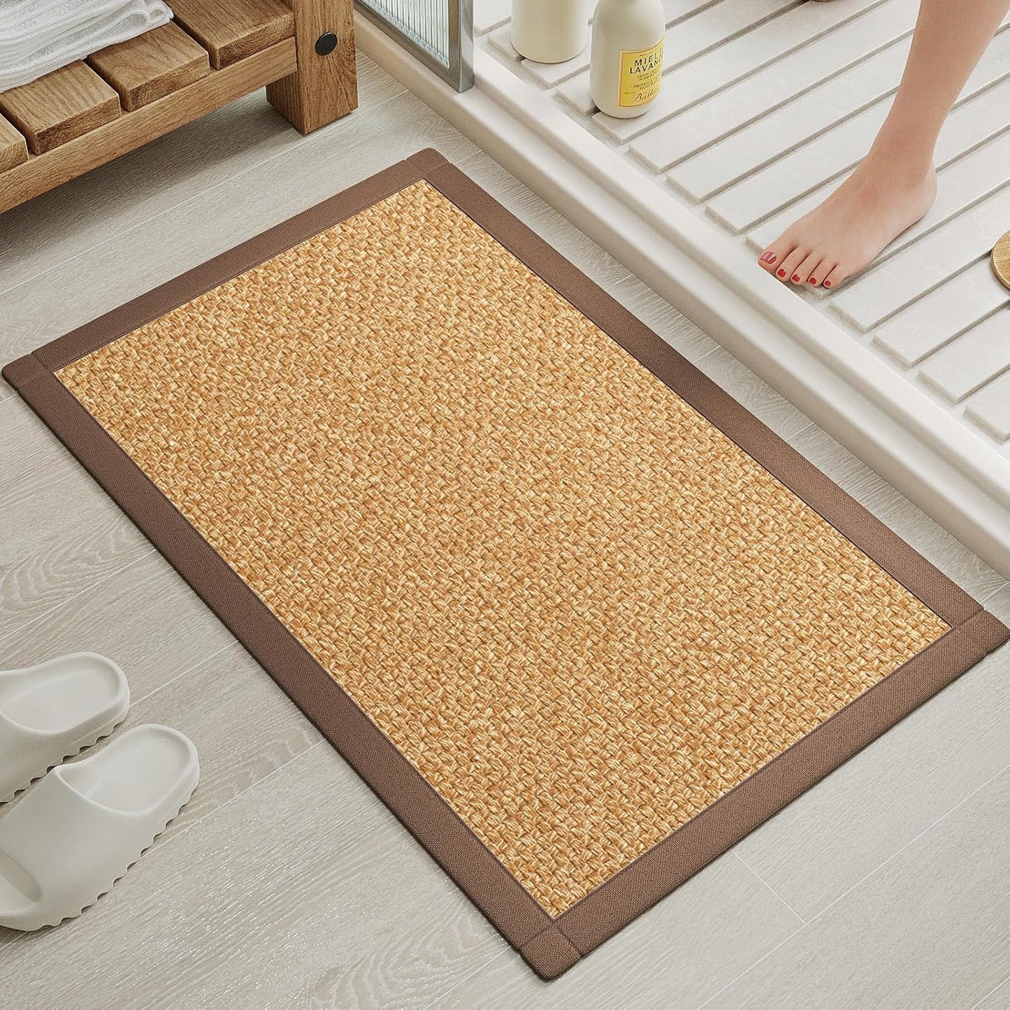 Non Slip Ultra Thin Bathroom Rugs Mat 20x32, Bath Mat Quick Dry Absorbent Bathroom Mat Floor Rubber Backed Fit Under Door, Woven Washable Bath Rugs, Brown