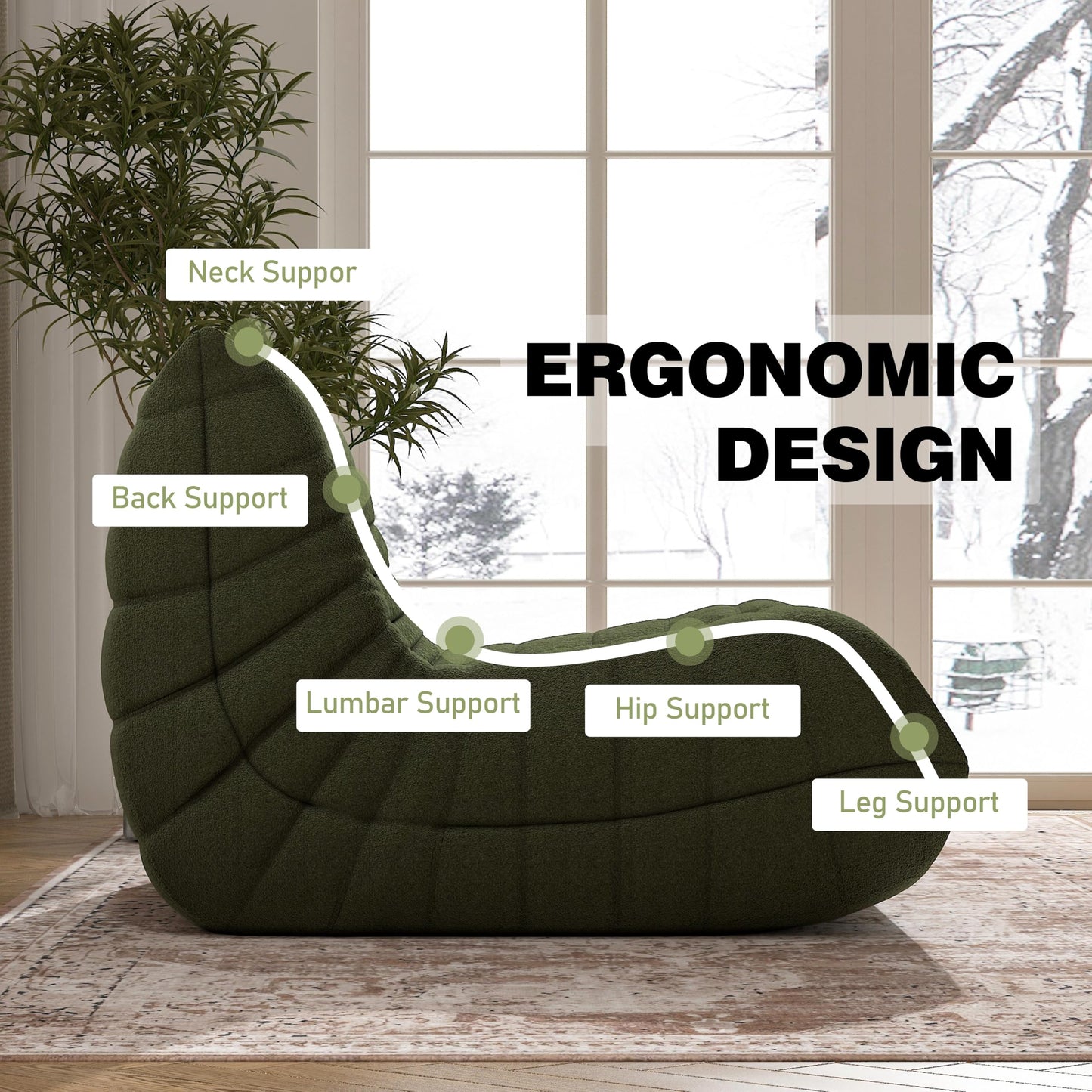 Bean Bag Chair, Fireside Chair Bean Bag Sofa Large Bean Bag Chair for Adults, Bean Bag Chairs for Teens with High Density Comfortable Foam, Memory Foam Bean Bag for Living Room, Bedroom (Green)