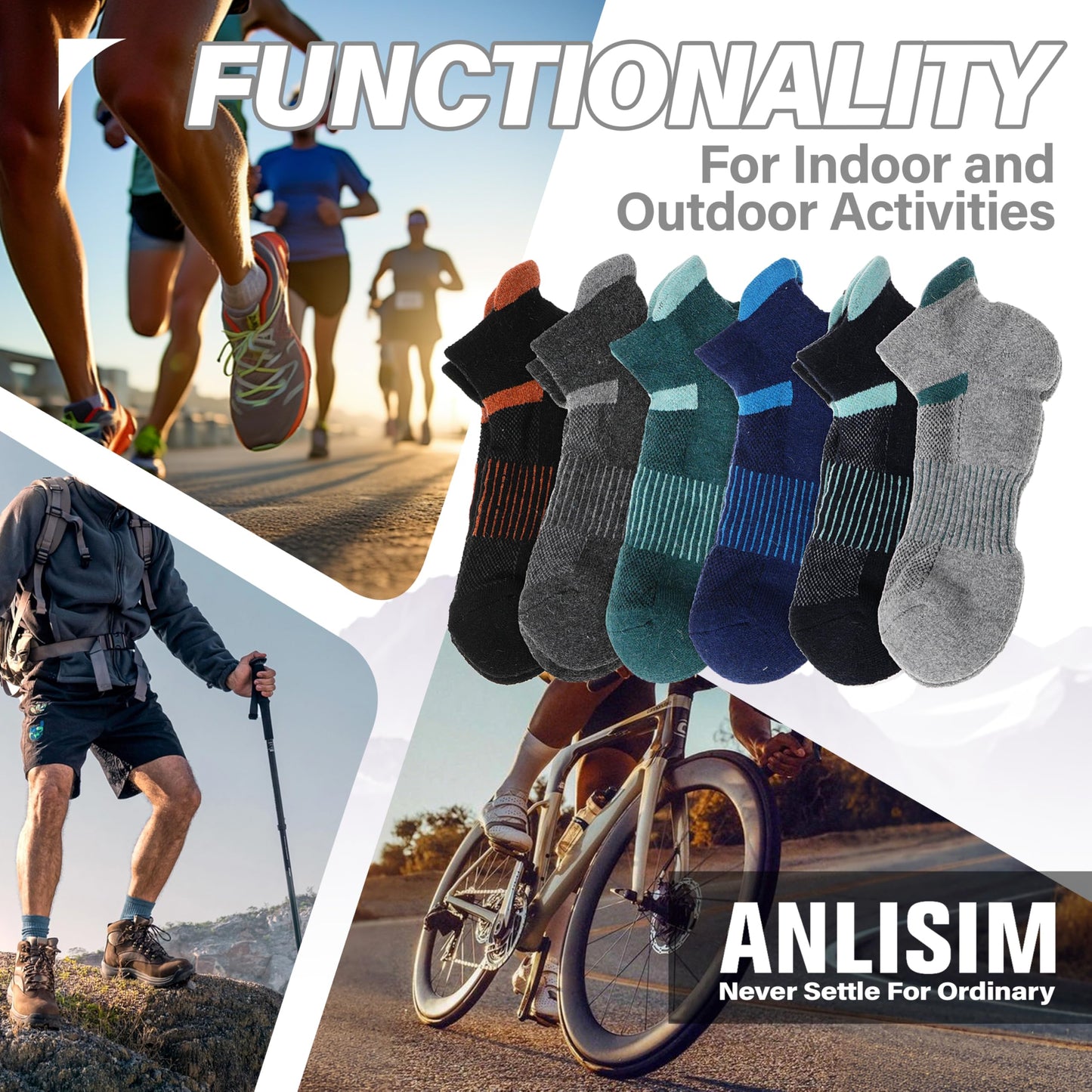 Anlisim Merino Wool Quarter Hiking Socks Compression Warm Thermal Winter Thick Cushion Running Moisture Wicking No Show Socks Gifts Stocking Stuffers for Women Men 6 Pairs(Color Mix,L)