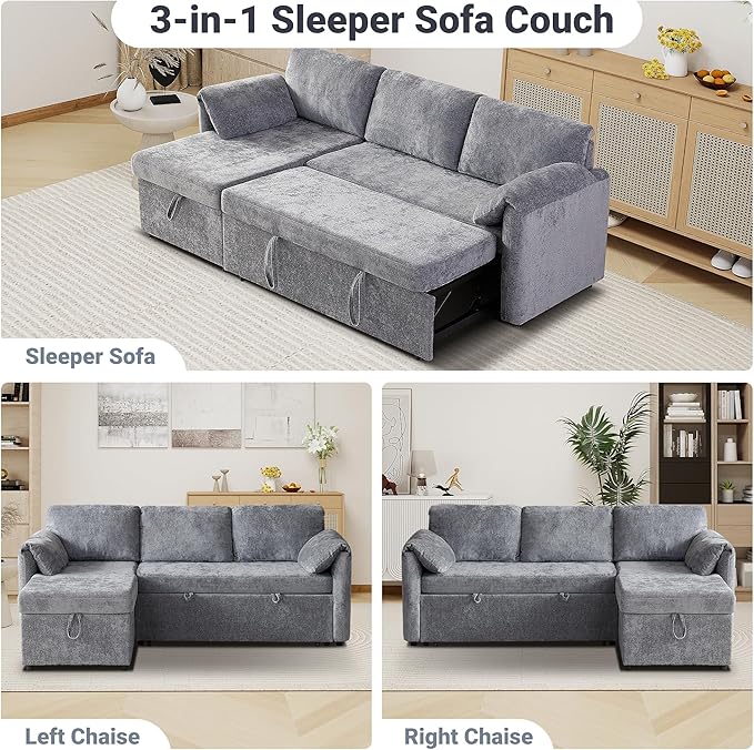 Tbfit Sleeper Sofa Couch with Pullout Bed, Sofa Bed Couch with USB & Storage Chaise, Chenille Convertible Sleeper Sofa, 83'' Pull Out Sofas Couches for Small Space, Apartment, Light Gray