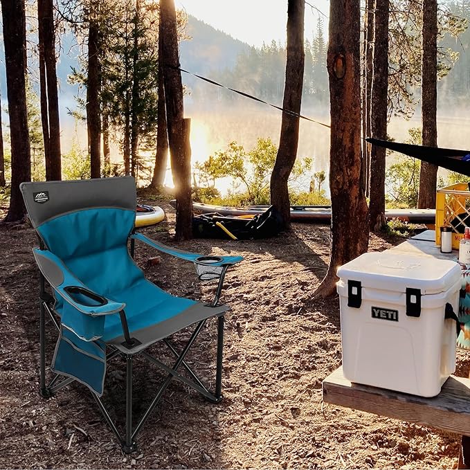 LANMOUNTAIN Oversized Folding Camping Chair,Heavy Duty Padded Portable Lawn Chair w/Extra Large Cup Holder,Side Pocket for Adults Outdoor Sports Hiking Beach Garden Picnic,Blue
