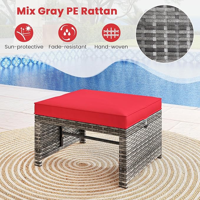 Tangkula 6 Pieces Patio Furniture Set, Outdoor Rattan Conversation Chairs Set with 1 Loveseat, 1 Coffee Table, 2 Armchairs and 2 Ottomans for Garden, Deck, Backyard and Poolside (Red)