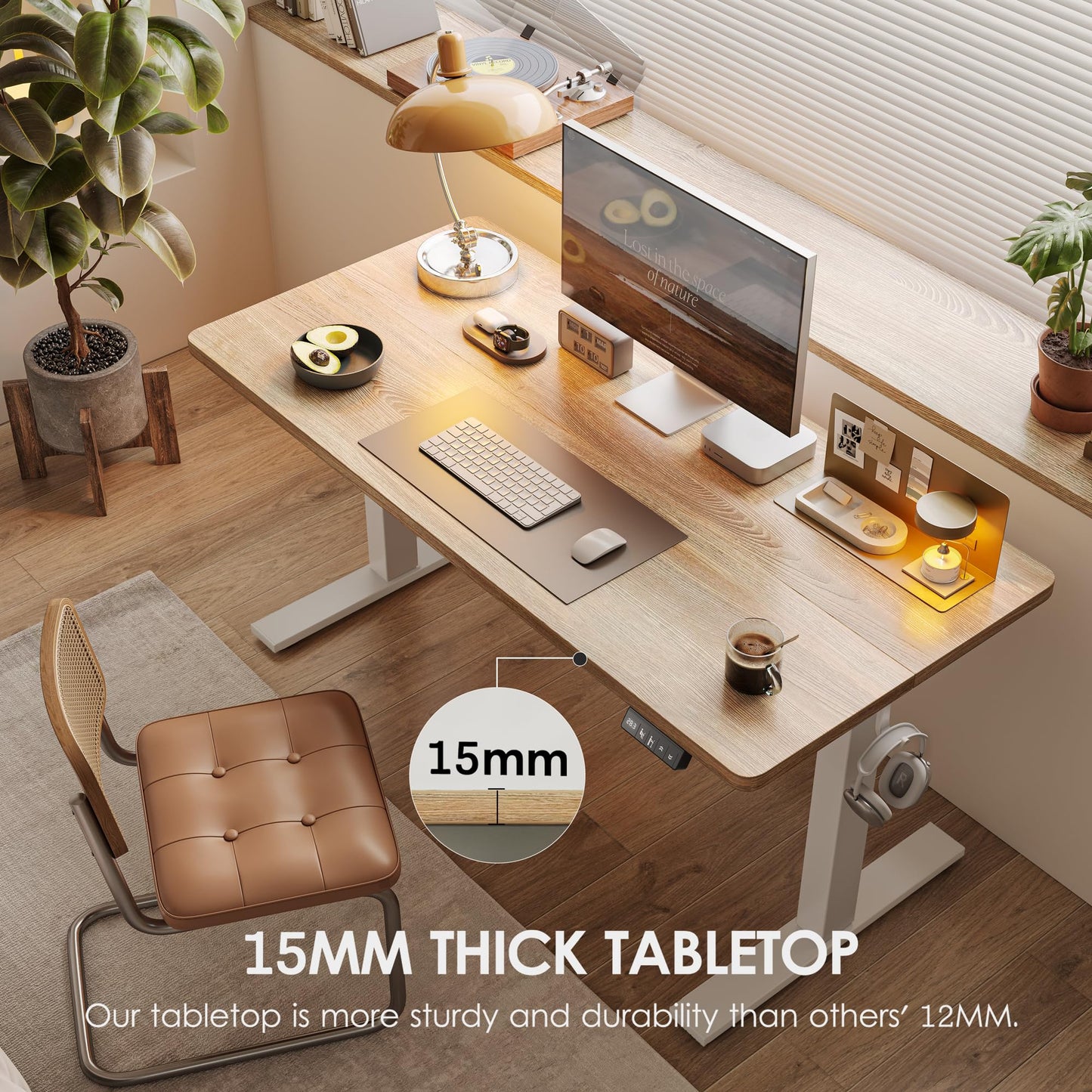 TIQLAB Height Adjustable Electric Standing Desk, 55 x 24 inch, Sit Stand Up Desk, Splice Board, Computer Home Office Desk, White Frame/Maple Top