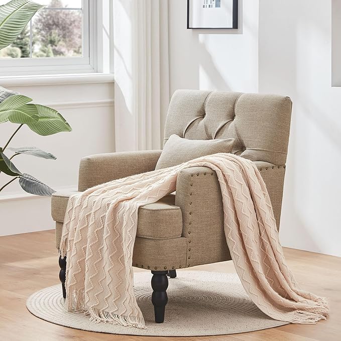 HUIMO Tufted Club Chair,Accent Chair with Lumbar Pillow, Upholstered Button Armchair, Linen Fabric Sofa Chairs for Bedroom, Living Room, Mid Century Modern with Studded Reading Chair Brown