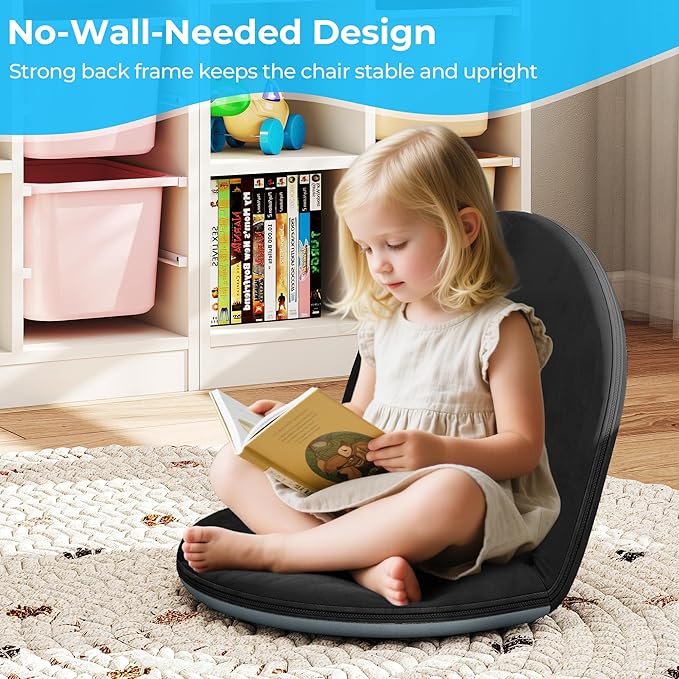 Floor Chair, 5-Position Foldable Floor Chair for Kids with Adjustable Back, Soft Sponge & Velvetean Cover, for Adults and Kids, Indoor Outdoor Use, Meditation, Gaming, Camping (Black)