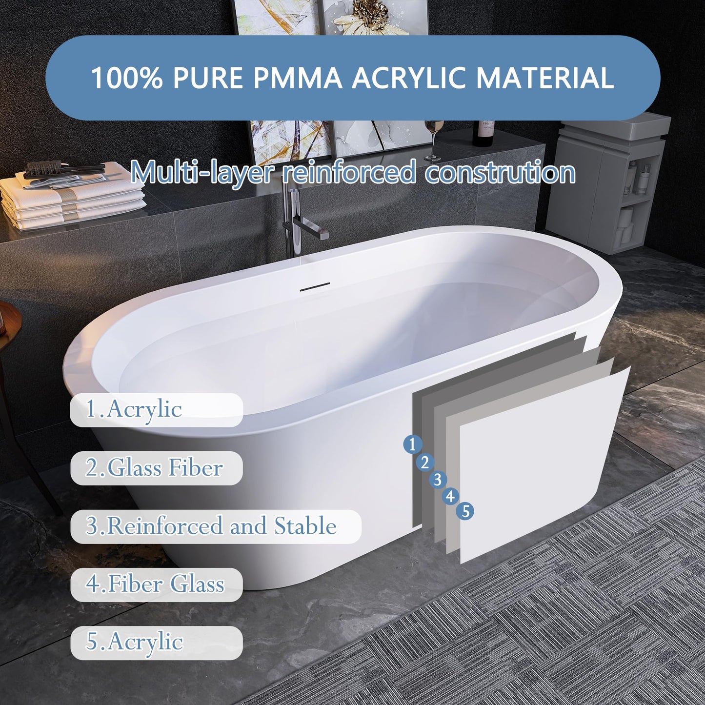 64" Free Standing Tub, Pure Acrylic Freestanding Bathtub, Stylish Stand Alone Contemporary Deep Soaking Bath Tub, cUPC Certified SY1265 (Glossy White)