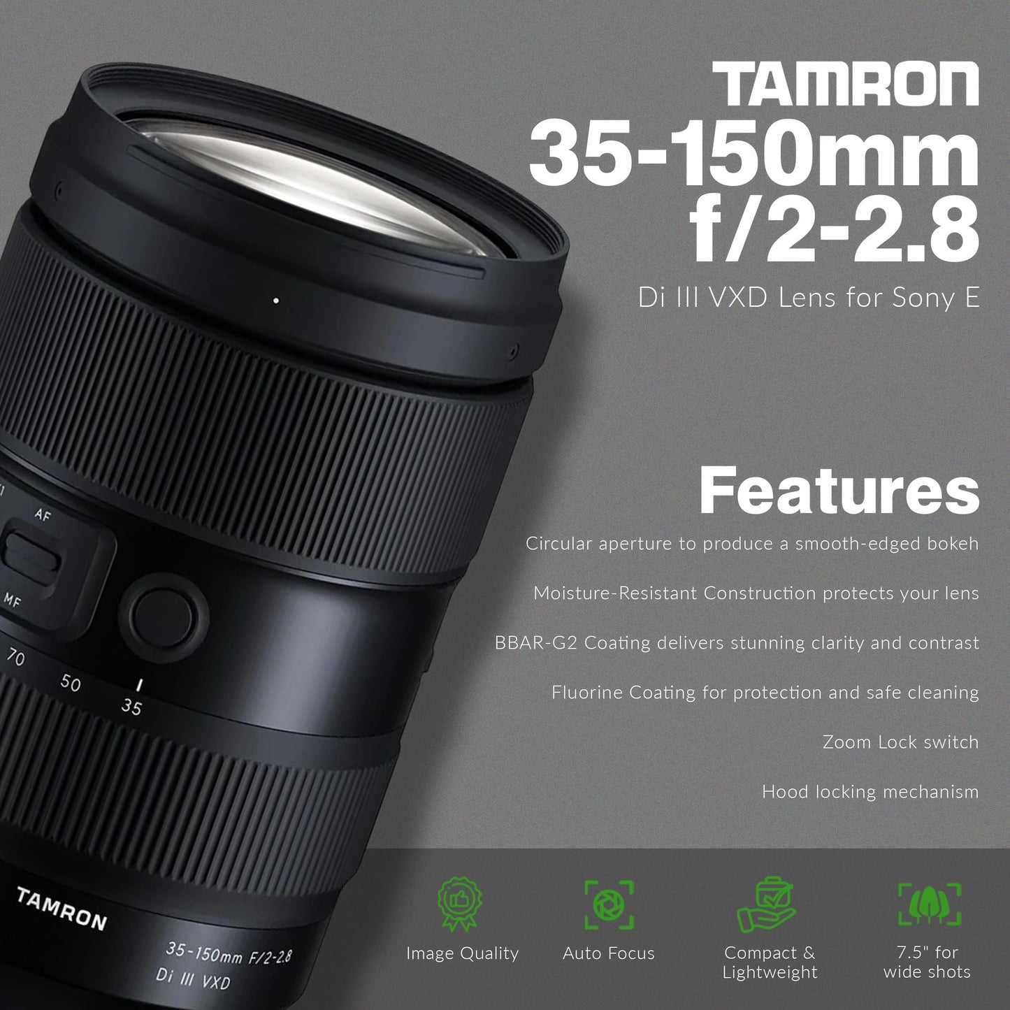 Tamron 35-150mm f/2-2.8 Di III VXD Lens for Sony E Full-Frame Fast Mid-Range Zoom with VXD Autofocus, Bundle with ND Filter, Backpack, Cleaning Kit, Tamron 6-Year Warranty