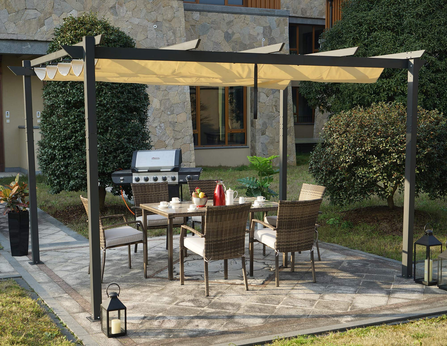 Kozyard Morgan Outdoor Extra-Large Gray Aluminum Frame Pergola with Sunshade Canopy (10'x13', Beige)