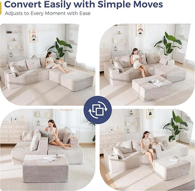 MAXYOYO 104" U-Shaped Modular Sectional Couch, Modern Boneless Couch for Living Room, Sofa in A Box, Oversized Sofa Sleeper with Deep Seat, No Assembly Required, Grayish Beige