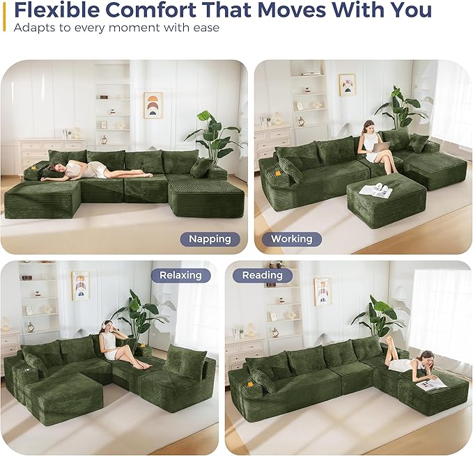 MAXYOYO 132" Giant U-Shaped Modular Sectional Couch, Modern Boneless Couch for Living Room, Sofa in A Box, Oversized Sofa Sleeper with Deep Seat, No Assembly Required, Green