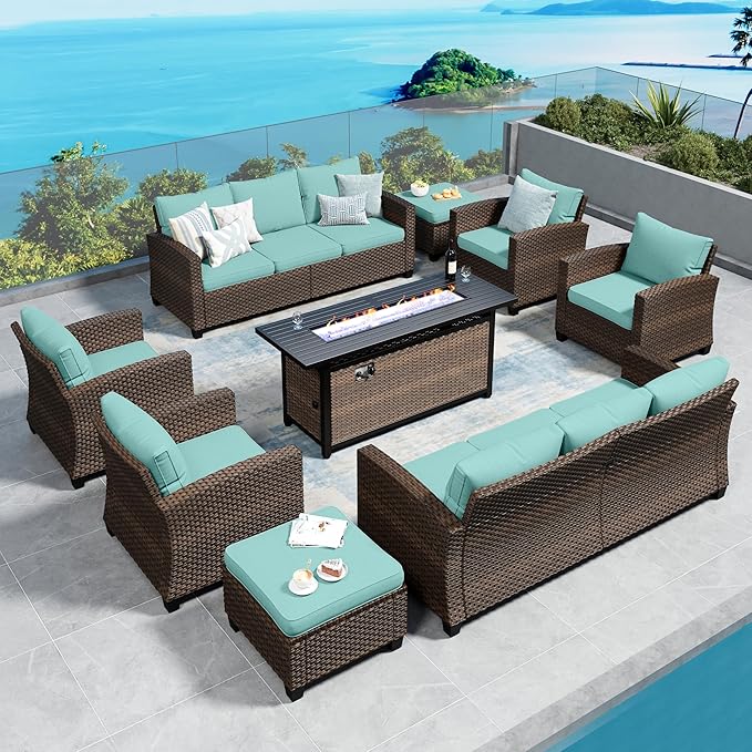 SUNSHINE VALLEY Patio Furniture Set Outdoor Furniture Brown Wicker Rattan Patio Conversation Sets with Cushion Outside Sofa Set,8 Pieces with Rectangular Firepit Table,12 Seats,Blue