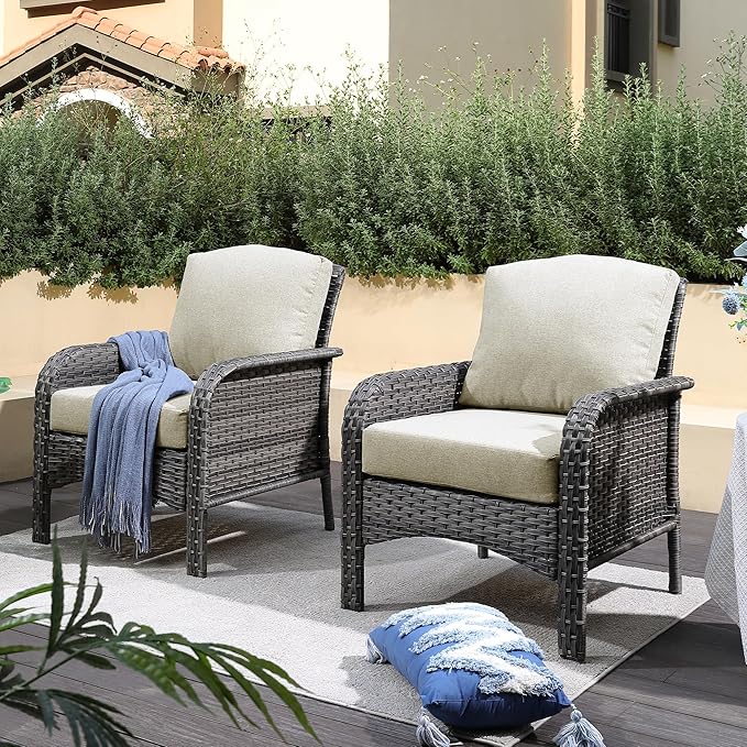 CAODOC 2 Pack Wicker Patio Furniture Chairs,Outdoor Rattan Chairs with Armrest Support 250 lb,Beige