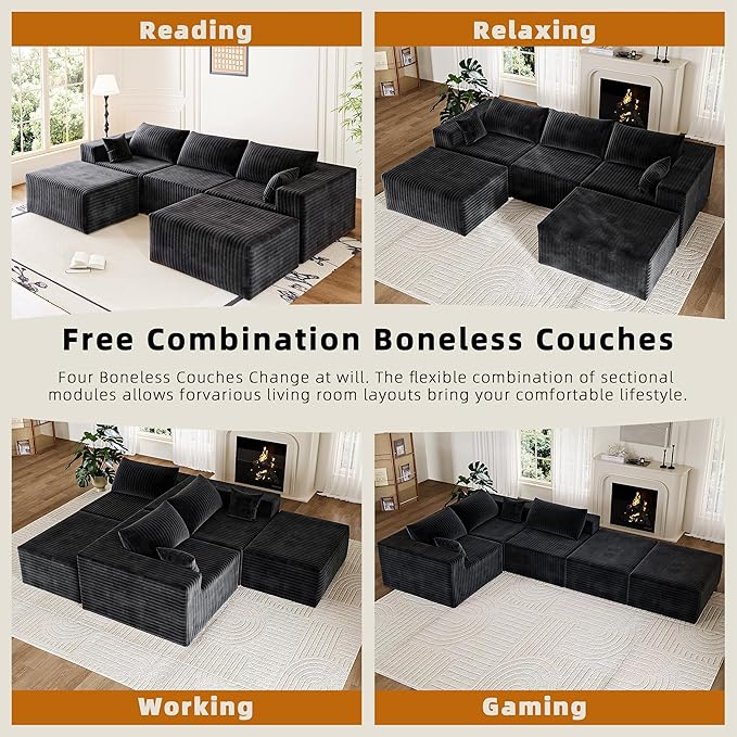 CABZOON 110" Cloud Couch Sectional for Living Room U-Shape Boneless Couches Modular Sectional Sofa with Deep Seat with Chaise,No Assembly Required, Carbon Black(Plush Corduroy Fabric)
