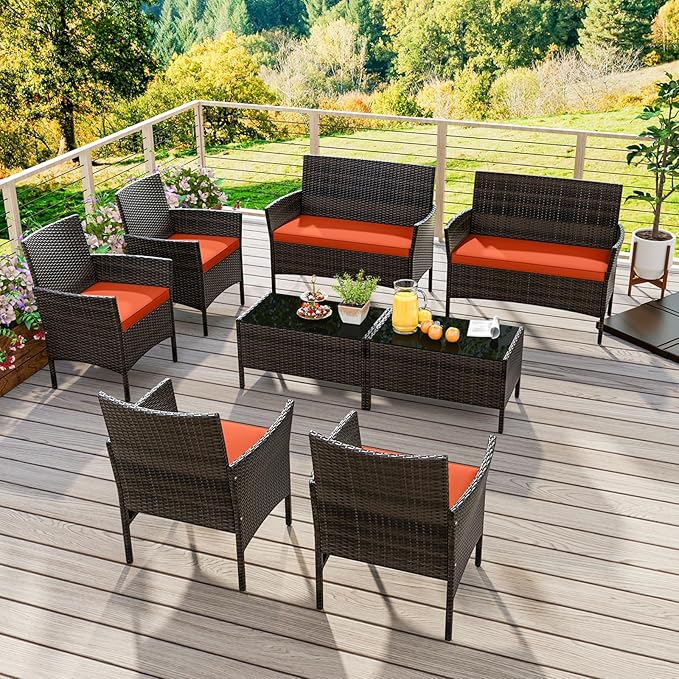KOTEK 8 Piece Patio Furniture Set, Outdoor Rattan Conversation Set with Loveseat, Wicker Chairs, Tempered Glass Coffee Table, Wicker Patio Set for Backyard, Porch (Orange)