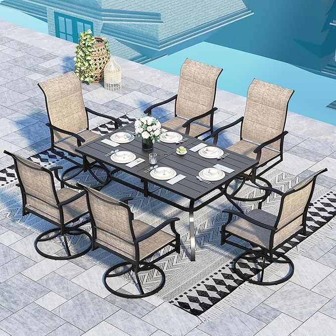 Sophia & William 7 Piece Outdoor Patio Dining Set, Patio Furniture Set with 6 Swivel High Back Patio Dining Chairs and Rectangular Metal Table, Textilene Fabric for Backyard, Poolside, Balcony