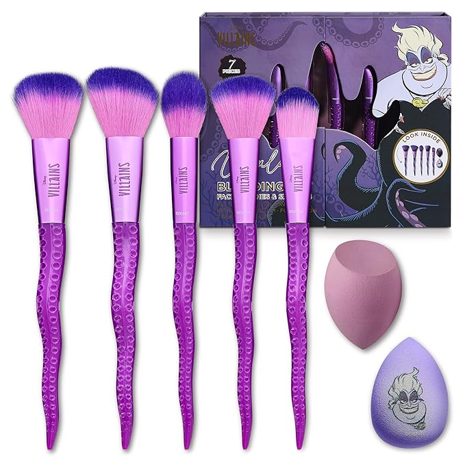 Disney Ursula 7PC Premium Makeup Brush & Blender Set, All-over, Highlighter, Concealer, and Eyeshadow Brush, 2 Beauty Blender Sponges for women and girls by Belle Maison
