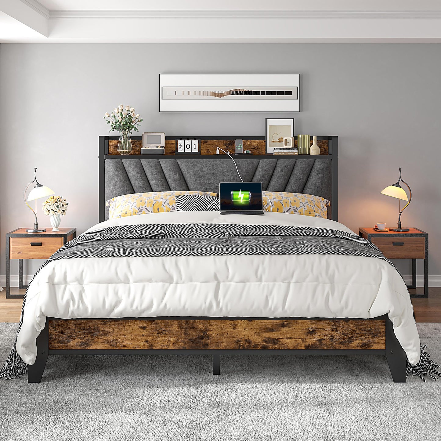 Homkdom Queen Bed Frame with Headboard, Bed Frame Queen Size with Charging Station, Metal Platform with Under Bed Storage, No Box Spring Needed, No Noise, Easy Assembly