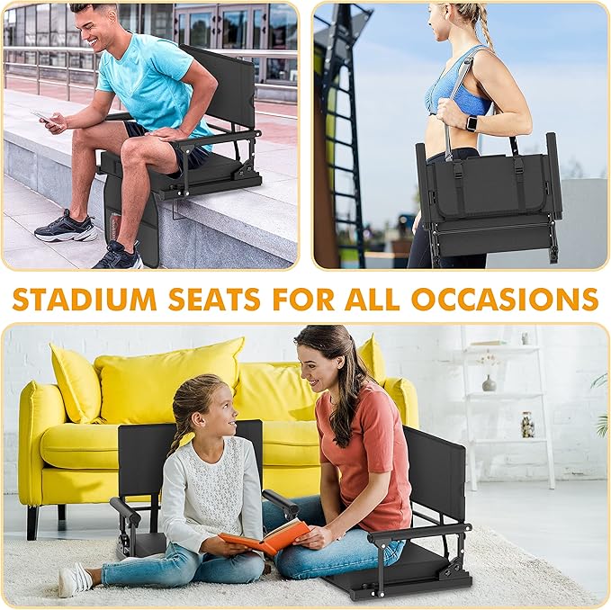 Stadium Seats for Bleachers with Back Support, 600 Lbs Rated with Lightweight Soft Comfort Cushion, Stadium Seating for Bleachers with Adjustable Back Support and Shoulder Strap (Black)