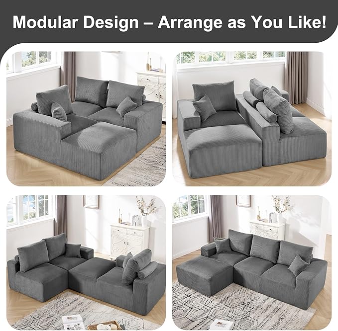 108" Modular Sectional Sofa, Compression Sofa with Deep Seat, Modular L-Shape Couch with Chaise, Upholstered Couches for Living Room Bedroom, No Assembly Required (Grey Corduroy, 108" L Shape)