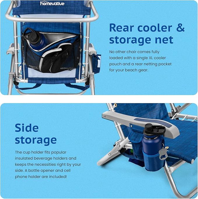Homevative Cooler+ Folding Backpack Beach Chair with 5 Positions, Towel bar, XL Cooler Pouch, Storage Net, Cup and Phone Holder, Breeze, 2 Pack