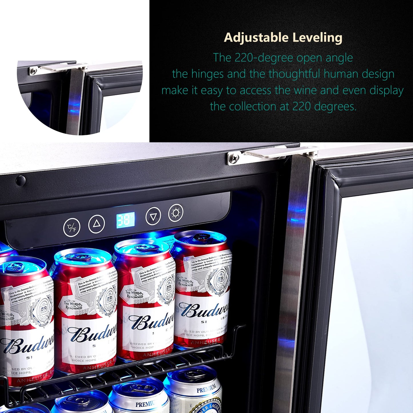 15 Inch Beverage Cooler and Kalamera Refrigerator Under Counter Built-in or Freestanding - 96 Cans Capacity Mini Fridge- for Soda, Water, Beer or Wine - For Kitchen or Bar with Blue Interior Light