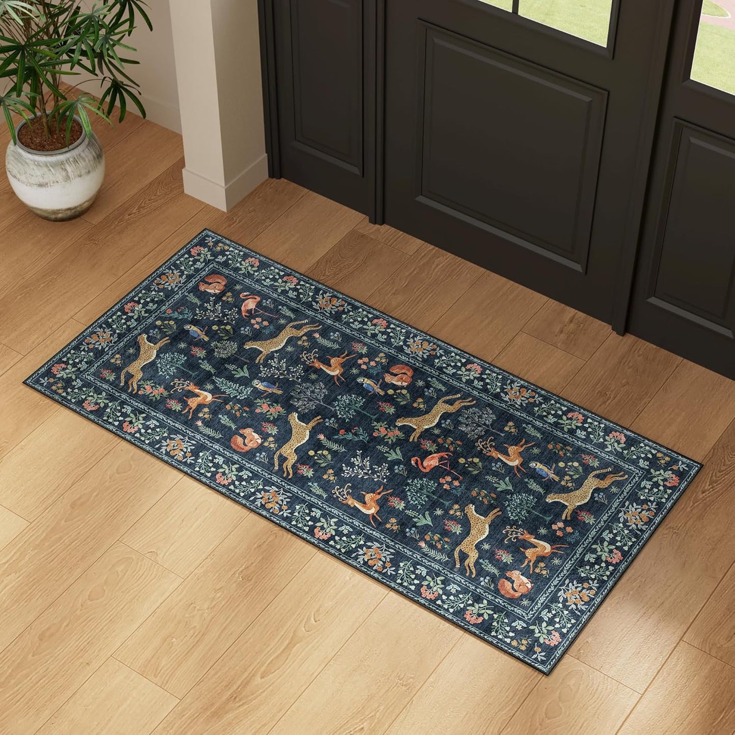 DUKINO 2x4 Rug for Hallway, Washable Kitchen Runner Rug with Non Slip Backing, Soft Low Pile Vintage Animal Runner for Bedroom, Kitchen, Hallway, Entryway, Laundry, Navy Blue