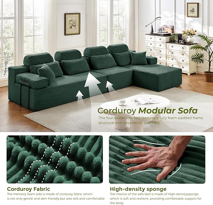 136" L-Shaped Cloud Modular Sectional Sofa with Chaise & Headrest, Boneless Deep Seat Plush Corduroy Couches for Large Living Room, No Assembly Required (Green, 136" L-shapred Chaise)