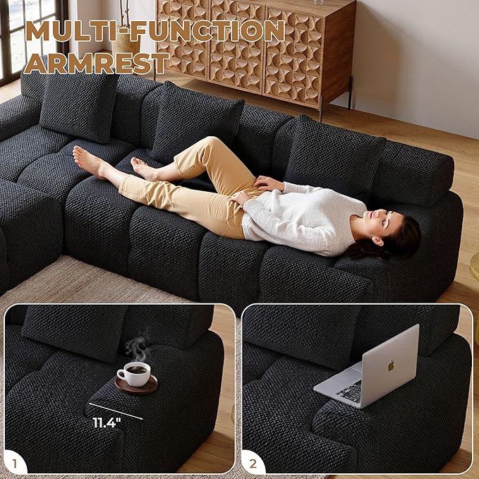 104" Modern L Shaped Modular Sectional Sofa, 4 Seater Convertible Chenille Cloud Couch Sofa Set, Boneless Couches for Living Room with Ottoman, No Assembly Required, Black