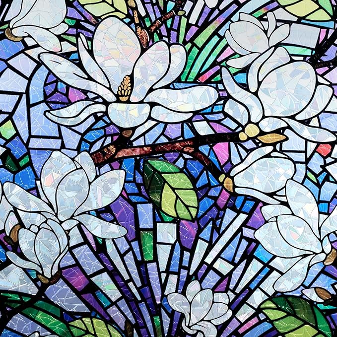 DKTIE Magnolia Pattern Stained Glass Window Film Floral Decorative Window Privacy Film with Rainbow Effect Front Door Bathroom Room Decor (S677, 17.7in X 78.7in)