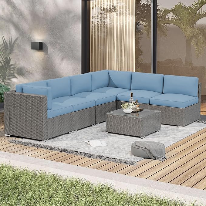 Crownland 7-Pieces Outdoor Patio Furniture Sets, All-Weather Grey Wicker Rattan Sectional Sofa, Modern Glass Coffee Table and Washable Seat Cushion with YKK Zipper (Light Blue)
