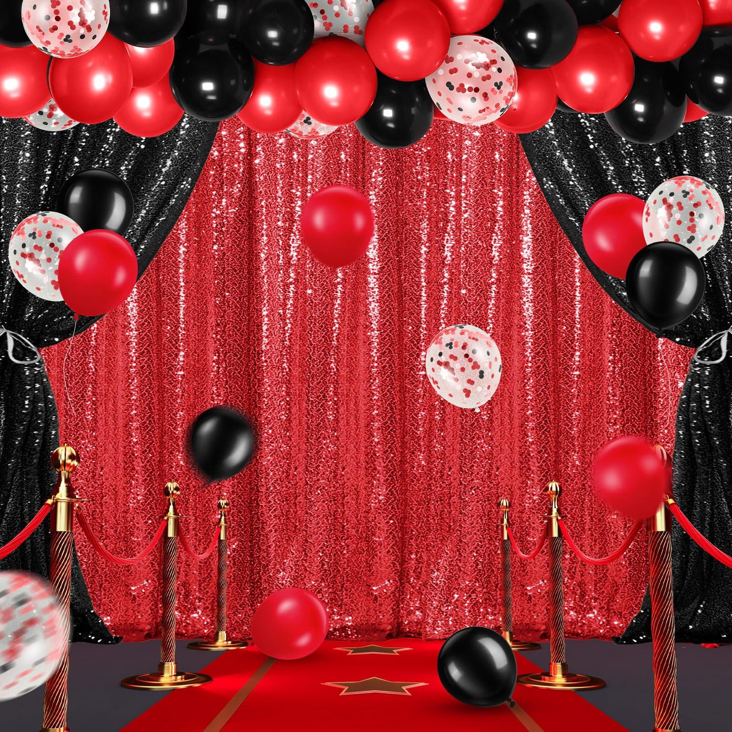 SmoothNovelty 137 Pcs Red Black Backdrop Kits 4 Sequin Backdrop Curtain 133 Balloon Garland Kit Photo Prop Background for Anniversary Birthday Halloween Christmas Movie Night Car Party Decoration