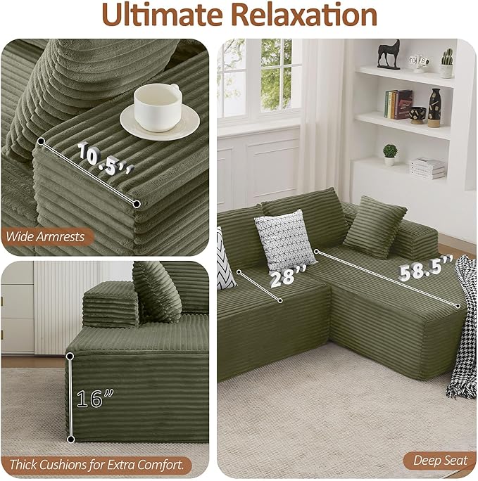 WUTUTUEE Boneless L Shaped Sofa with Chaise Lounge, Green Corduroy