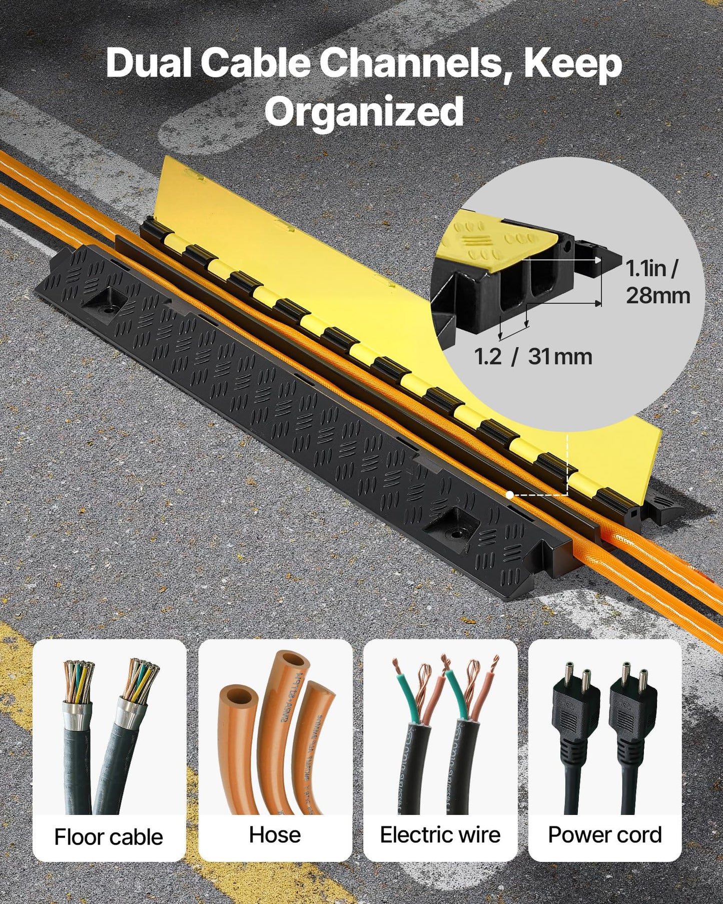 Vevor 3 Pcs Rubber Cable Protector Ramp, 2 Channel Heavy Duty Tpu Floor Cord Hose Wire Cover, 1.2 W X 1.1 H Channel Size, Tr