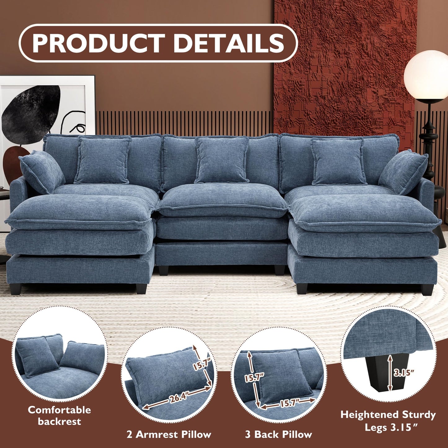 Ihanherry 111.4" U Shaped Modern Sofa Modular Sectional Cloud Couch with 2 Ottoman, 5-Seat Chenille Deep Seat Sofa with Pillow for Living Room, Bedroom and Apartment, Blue
