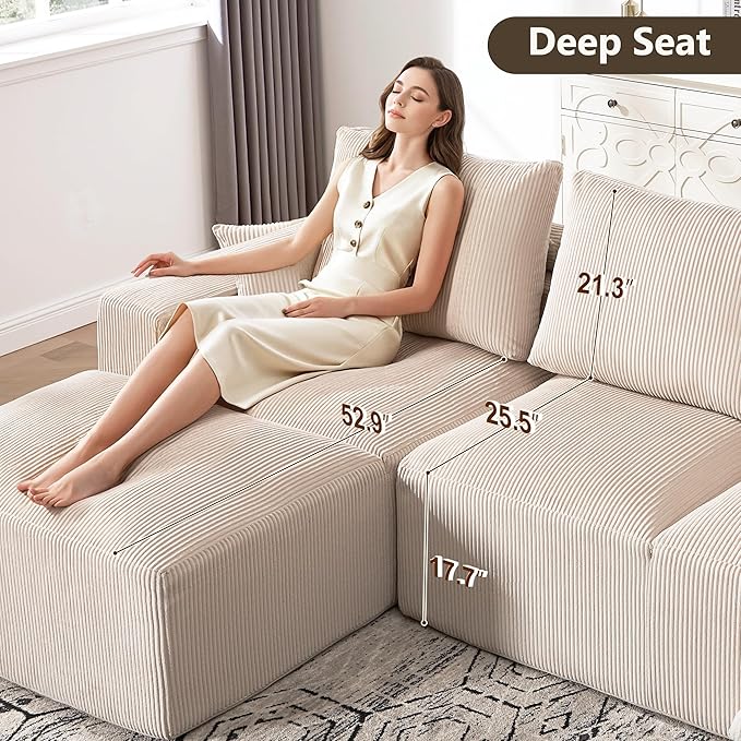 108" Modular Sectional Sofa, Compression Sofa with Deep Seat, Modular L-Shape Couch with Chaise, Upholstered Couches for Living Room Bedroom, No Assembly Required (Oat Corduroy, 108" L Shape)