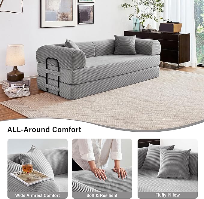 79" 5-in-1 Folding Convertible Sofa Bed, Oversized Corduroy Futon Floor Couch with Pull-Out Sleeper, Modular Boneless Loveseat for Small Spaces, Living Room, Bedroom (Light Grey)