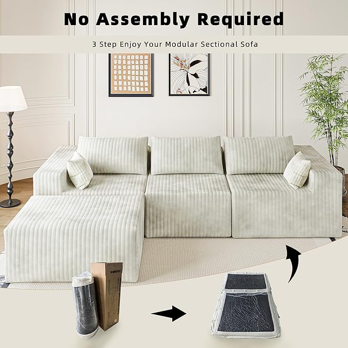 CABZOON 110" Cloud Couch Sectional for Living Room L-Shape Boneless Couches Modular Sectional Sofa with Deep Seat with Chaise,No Assembly Required, Carbon White(Plush Corduroy Fabric)