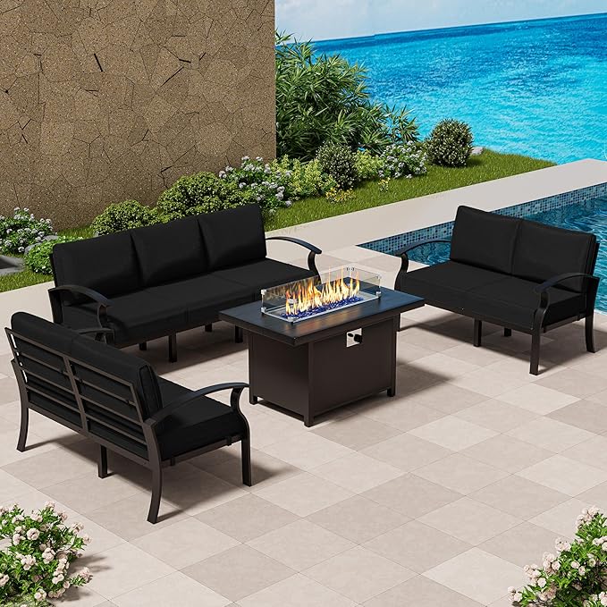 RTDTD Aluminum Outdoor Patio Furniture Set,4 Pieces 7 Seats Patio Conversation Sets with 45" Propane Fire Pit Table,Metal Patio Sectional Furniture Set w/5.1" Cushions for Porch,Deck,Backyard,Black