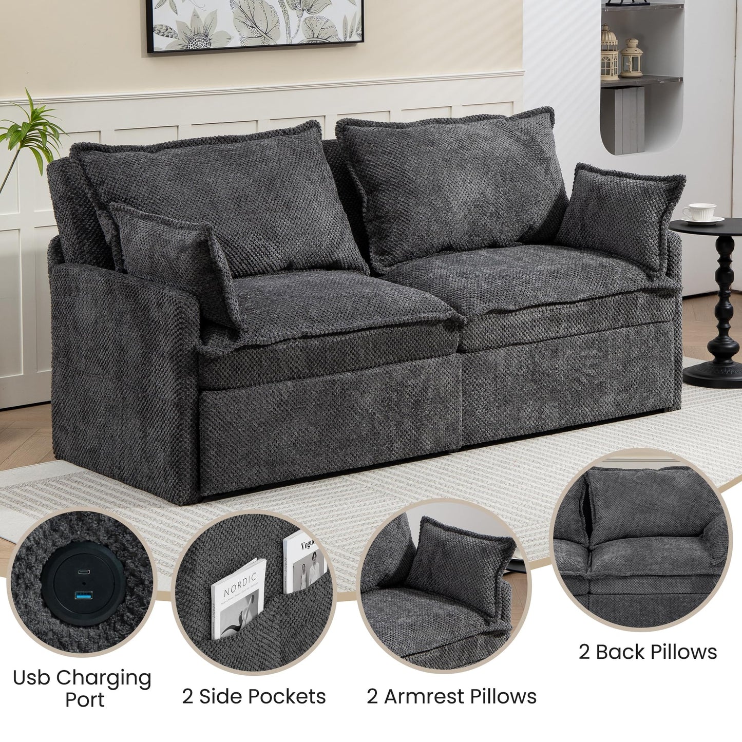 GRAINLLE King Size Pull Out Couch Bed,Convertible Loveseat Sleeper Sofa Couch with Pull-Out Bed, USB Charging & Side Storage,3-in-1 Corduroy Sleeper Sofa Bed for Living Room, Bedroom(Grey, 73.6'')