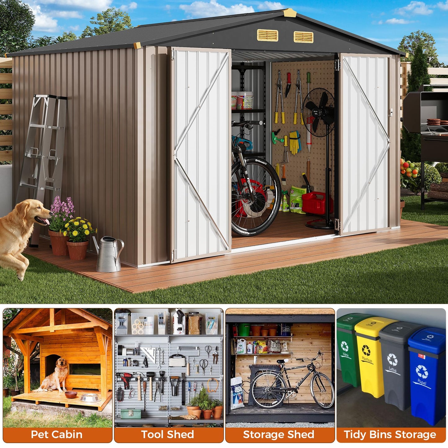 IRONCK 10x8FT Outdoor Storage Shed with Breathable Vent, 9.4x7.3FT Base Galvanized Steel Metal Tool Shed with Lockable Doors for Yard Bins/Generator/Wheelbarrow Garden Storage, Brown