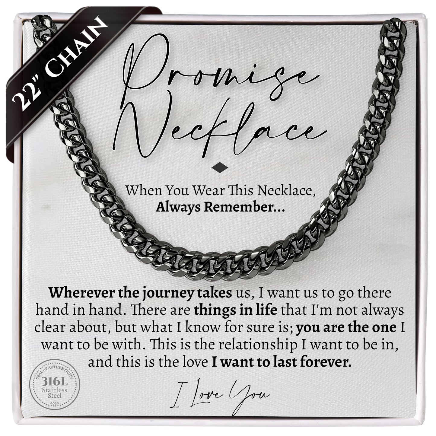 Love You This Much Promise Cuban Chain Necklace for Him, 7mm Thick, Sentimental Gift for Him, BF Gift for Birthday, Present Ideas for Boyfriend (Titan Black Finish)