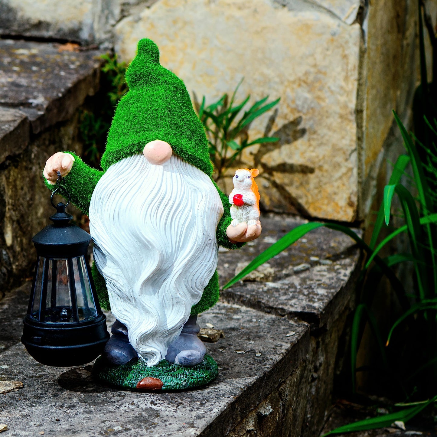 Redwix Garden Gnome with Squirrel 11.8'', Garden Statues Outdoor Clearance with Solar Lantern, Garden Gnomes Outdoor Funny for Yard and Patio Decor