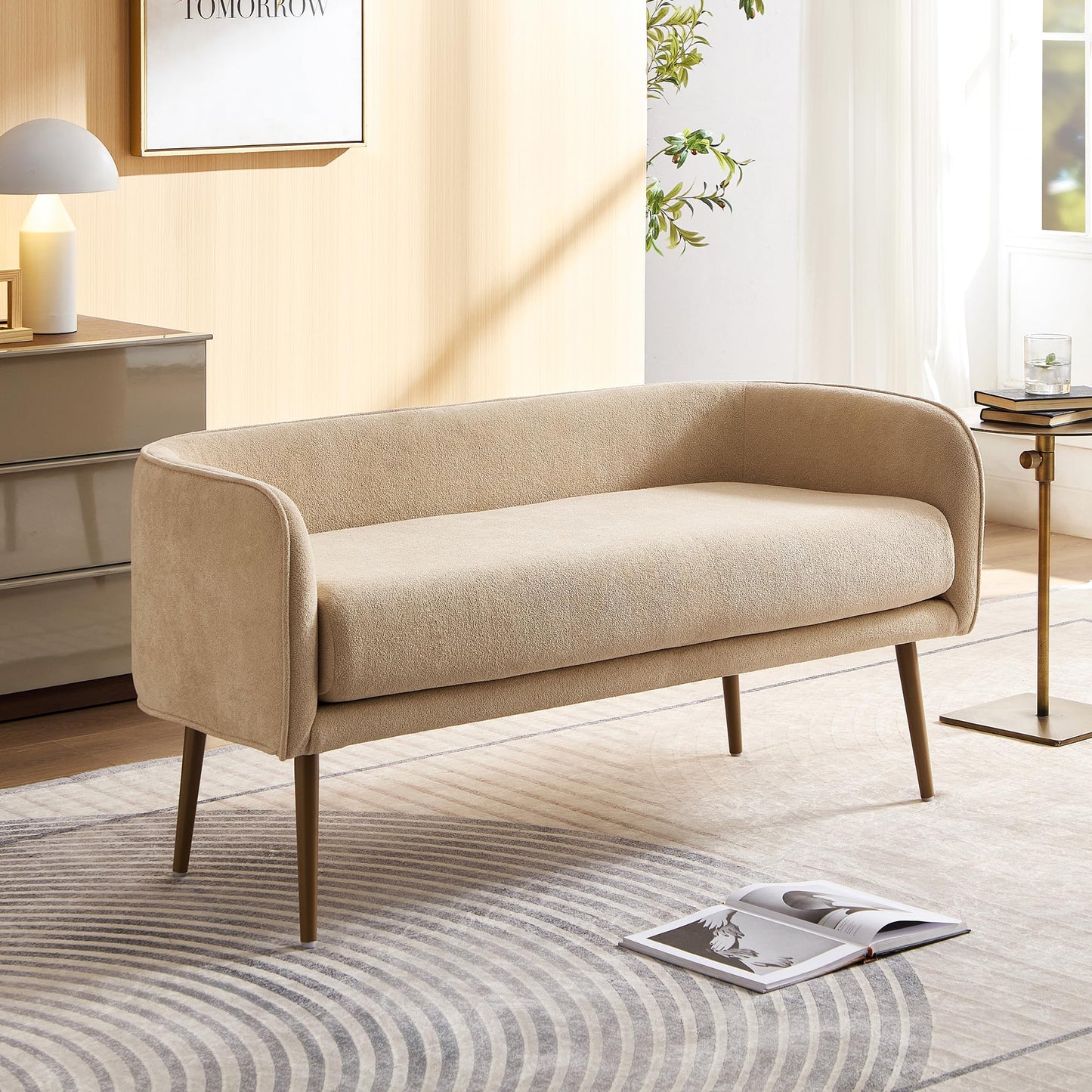 Forshare Bedroom Bench with Low Back,Inside Metal Frame (Beige)