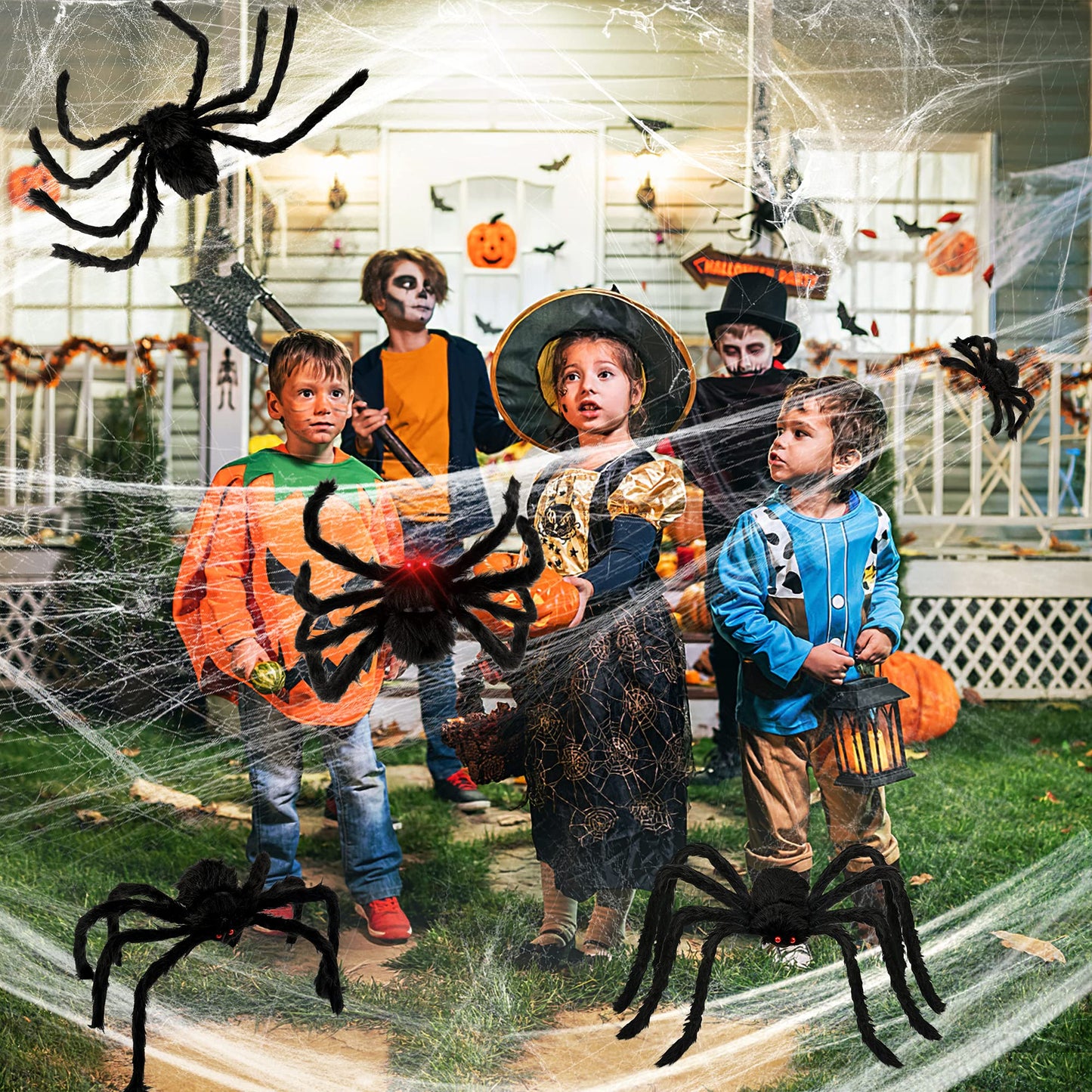 HOPOCO Halloween Plush Spiders Set Scary Fake Spider for Indoor Outdoor Halloween Decor for Home Party Yard Haunted House Decorations (6 in 1)